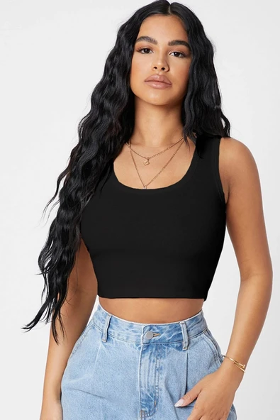 Kadın Siyah Kare Yaka Crop Top Bluz ürün görseli