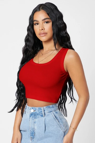 Kadın Kırmızı Kare Yaka Crop Top Bluz - Resim 5