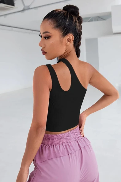 Kadın Siyah Tek Omuz Cut Out Detaylı Crop Top Bluz - Resim 2