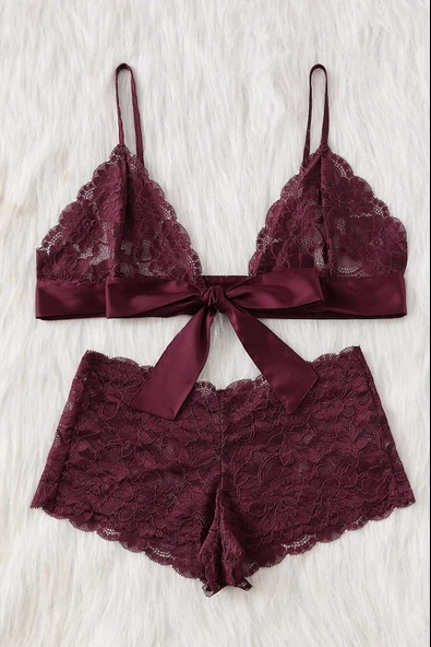 Kadın Bordo Dantelli & Kurdelalı Sütyen Külot Takımı - Resim 3