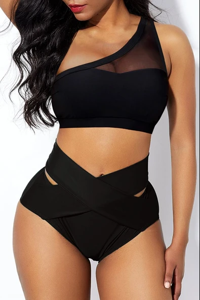 Kadın Siyah Yüksel Bel Tül Detaylı Sütyen Külot Takımı ürün görseli