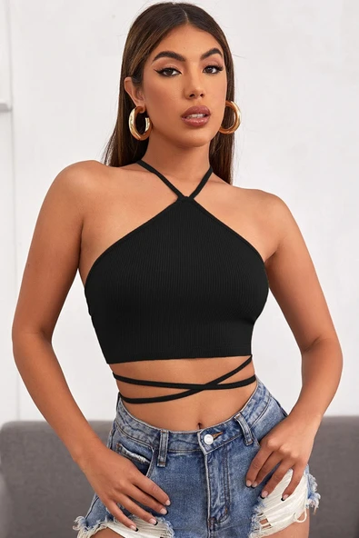 Kadın Siyah Sırtı Açık Boyundan Çapraz Bağlamalı Crop Top Bluz - Resim 4