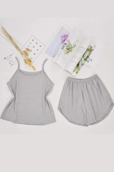 Kadın Gri Şortlu Penye Gecelik Takımı - Resim 7