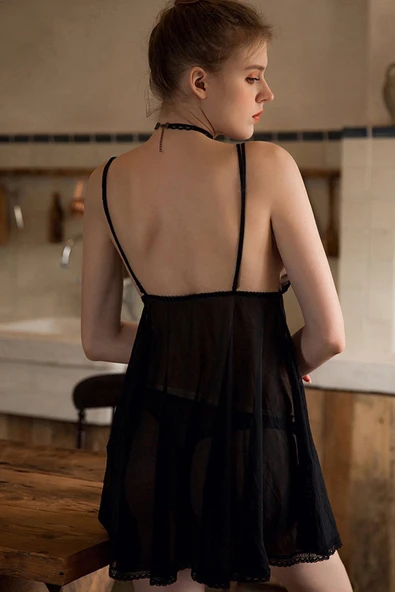 Kadın Siyah Transparan Dantelli Çift Sıra Askılı Şık Gecelik - Resim 3