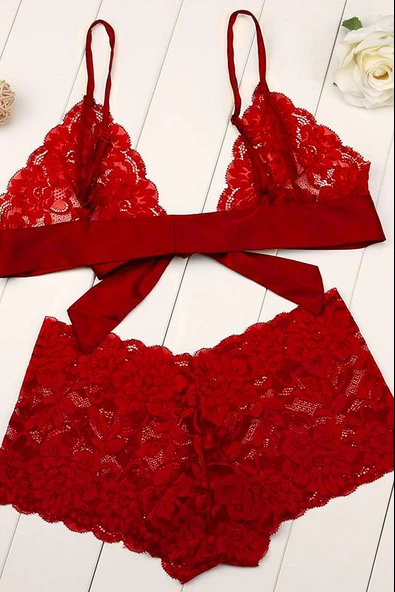 Kadın Kırmızı Dantelli & Kurdelalı Sütyen Külot Takımı - Resim 6