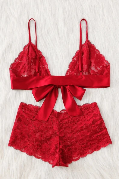Kadın Kırmızı Dantelli & Kurdelalı Sütyen Külot Takımı - Resim 9