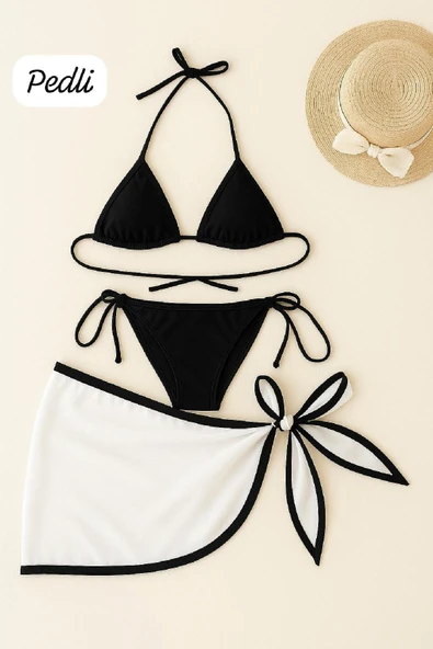 Kadın Siyah Beyaz Pareolu Yandan ve Boyundan Bağlamalı 3'lü Bikini Takımı ürün görseli