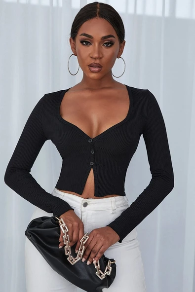 Kadın Siyah Uzun Kollu Düğmeli Göğüs ve Göbek Dekolteli Crop Top Bluz - Resim 6
