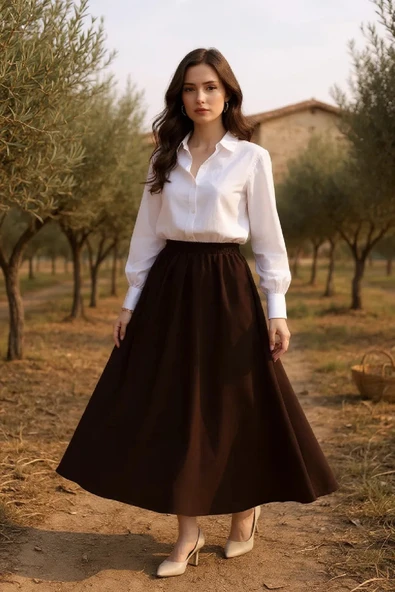 Kadın Kahverengi Double Kumaş Beli Lastikli Cepli Etek - 4