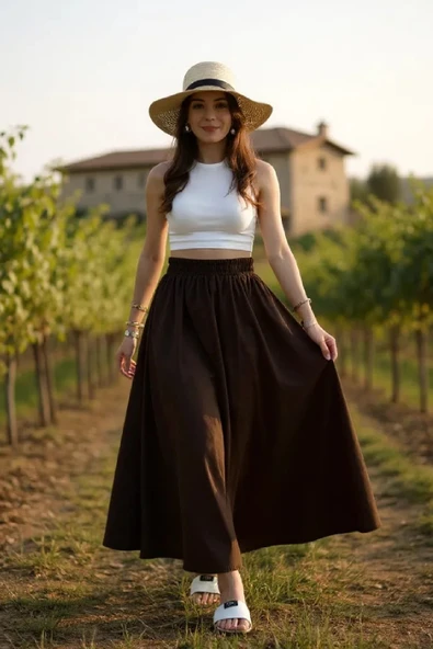 Kadın Kahverengi Double Kumaş Beli Lastikli Cepli Etek - 2