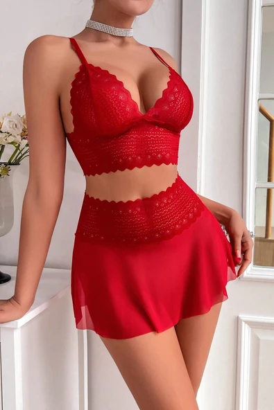 Kadın Kırmızı Dantel ve Tül Detaylı Etekli Şık Gecelik Takımı - Resim 1