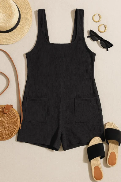 Kadın Siyah Mini Cepli Tulum Plaj Elbisesi - Resim 3