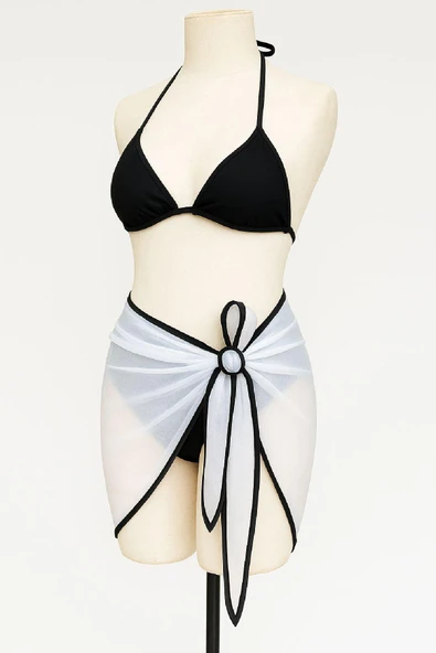 Kadın Siyah Beyaz Pareolu Yandan ve Boyundan Bağlamalı 3'lü Bikini Takımı - Resim 3