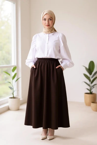 Kadın Kahverengi Double Kumaş Beli Lastikli Cepli Etek - 7