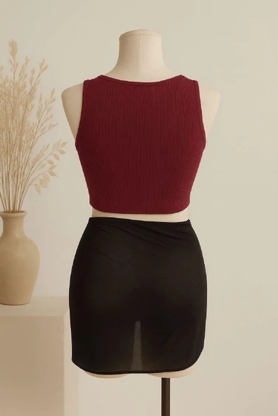 Kadın Bordo Yuvarlak Yaka Crop ve Siyah Pareo 2'li Set - Resim 2