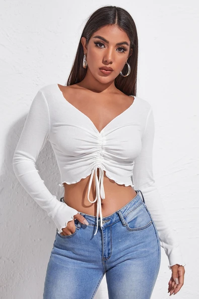 Kadın Beyaz Uzun Kollu Büzdürme Bağcık Detaylı Crop Top Bluz ürün görseli