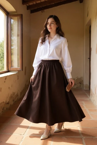 Kadın Kahverengi Double Kumaş Beli Lastikli Cepli Etek - 3