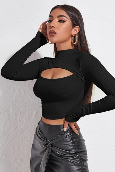 Kadın Siyah Göğüs Dekolteli Uzun Kollu Cut Out Crop Top Bluz - Resim 5