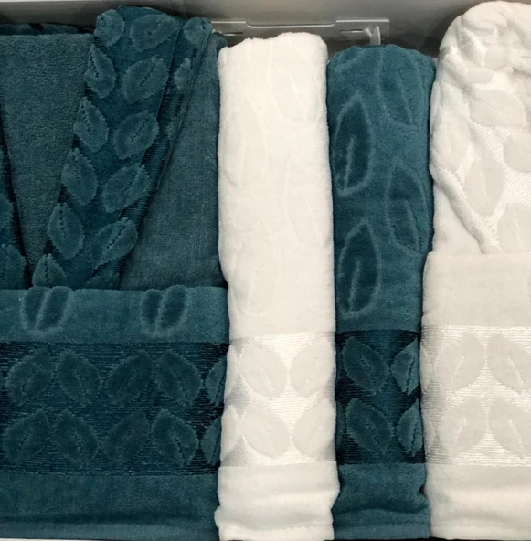 Fecr Royam %100 Pamuk Kadife Aile Bornoz Seti - Resim 3