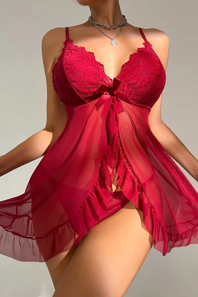 Kadın Bordo Dantelli, Fırfırlı Tül ve Fiyonk Detaylı Tangalı Gecelik Takımı - Resim 3