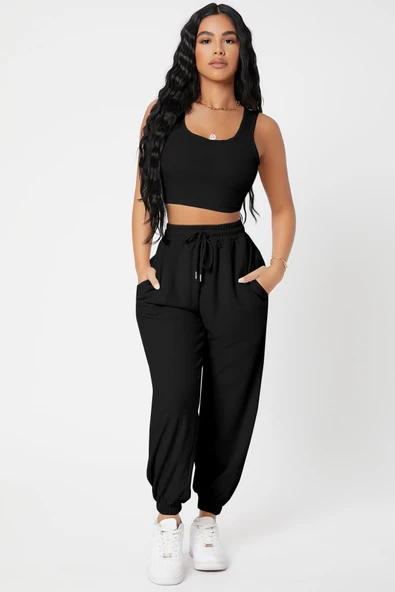 Kadın Siyah Kaşkorse Cepli Jogger Eşofman Altı ve Crop Top Bluz - Resim 3
