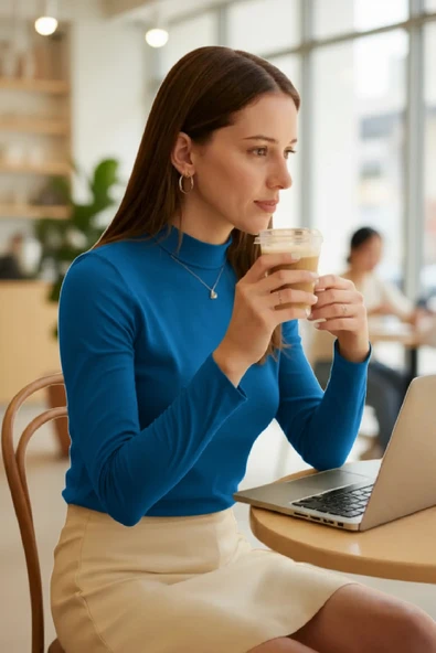 Kadın Mavi Parmak Detaylı Esnek Uzun Kollu Body - Resim 3