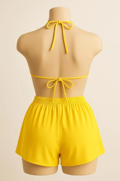 Kadın Sarı Şortlu Belden ve Boyundan Bağlamalı Bikini Takımı - Resim 2