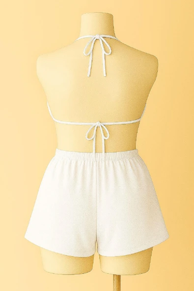 Kadın Beyaz Şortlu Belden ve Boyundan Bağlamalı Bikini Takımı - Resim 3