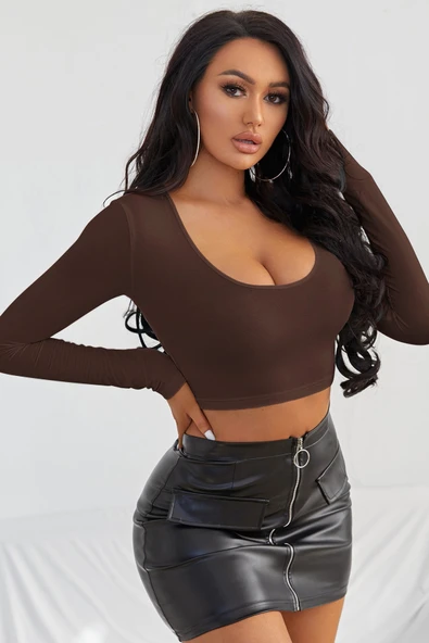 Kadın Kahverengi Uzun Kol Kare Yaka Crop Top Bluz - Resim 5