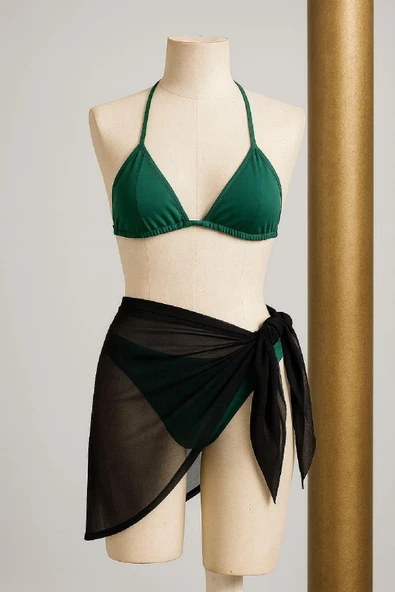 Kadın Yeşil Siyah Pareolu Yandan ve Boyundan Bağlamalı 3'lü Bikini Takımı - Resim 2