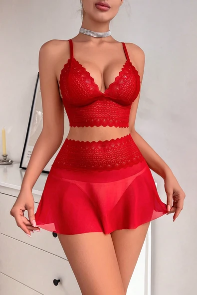 Kadın Kırmızı Dantel ve Tül Detaylı Etekli Şık Gecelik Takımı - Resim 6