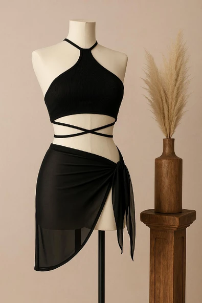 Kadın Siyah Çapraz Bağlamalı Crop ve Pareo 2'li Set ürün görseli 1