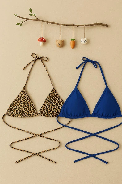 Kadın Leopar Desenli ve Mavi Minimal Kesim Üçgen Bikini Üstü - Resim 3