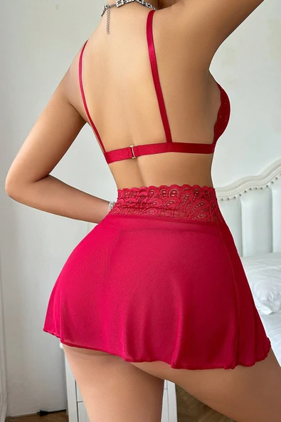 Kadın Kırmızı Göğsü ve Beli Dantel Detaylı Etekli Takım - Resim 2