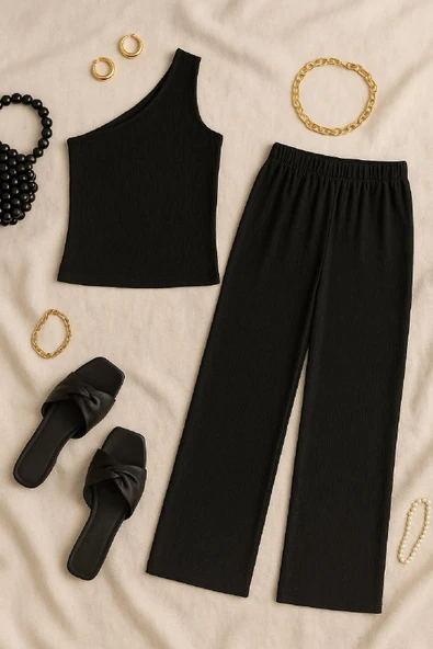 Kadın Siyah Tek Omuzlu Şık Bluz & Geniş Paça Pantolon İkili Takım - Resim 7