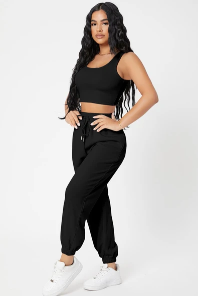 Kadın Siyah Kaşkorse Cepli Jogger Eşofman Altı ve Crop Top Bluz - Resim 5