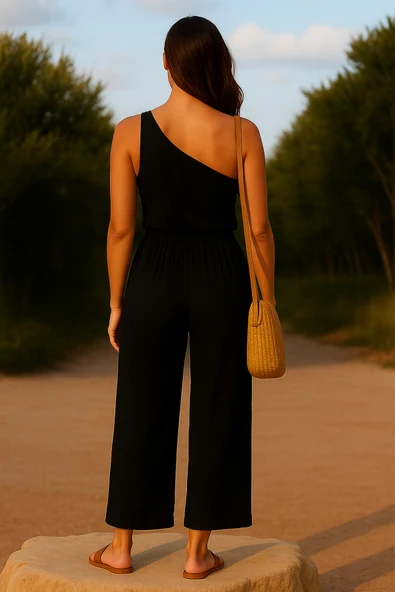 Kadın Siyah Tek Omuzlu Şık Bluz & Geniş Paça Pantolon İkili Takım - Resim 4