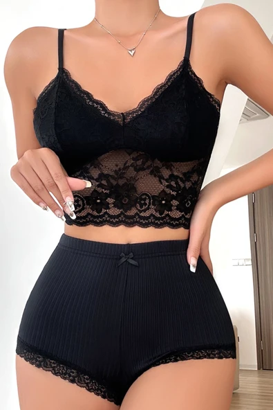 Kadın Kaşkorse Şortlu Dantelli Gecelik Takımı ürün görseli