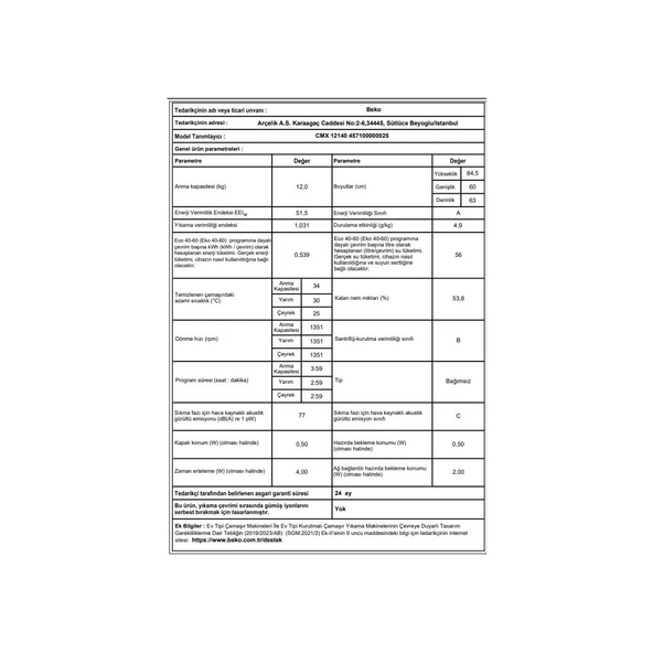Beko Cmx 12140 A Enerji Sınıfı 12 kg 1400 Devir Çamaşır Makinası - 5