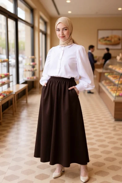 Kadın Kahverengi Double Kumaş Beli Lastikli Cepli Etek - 8