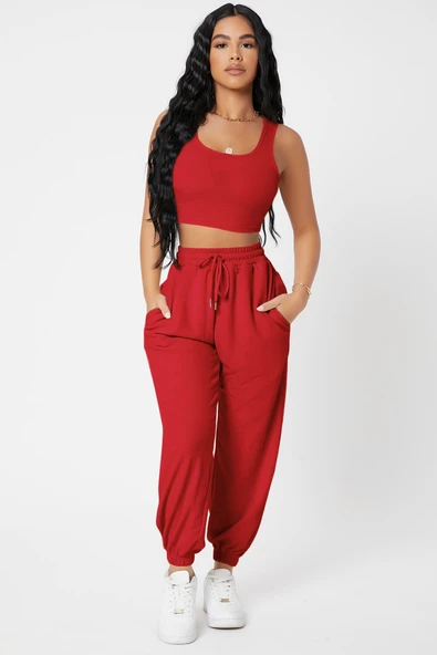 Kadın Kırmızı Kaşkorse Cepli Jogger Eşofman Altı ve Crop Top Bluz - Resim 4