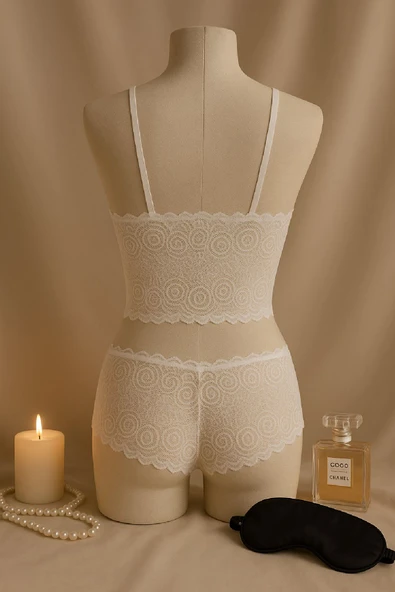 Kadın Beyaz Dantel Bralet Şort Takımı – Romantik ve Zarif İç Giyim - Resim 3