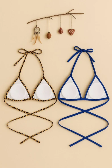 Kadın Leopar Desenli ve Mavi Minimal Kesim Üçgen Bikini Üstü - Resim 2