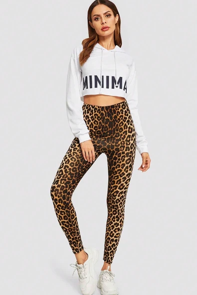 Kadın Leopar Desenli Yüksek Bel Dar Kesim Esnek Tayt - Resim 4