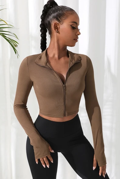 Kadın Kahverengi Uzun Kol Fermuarlı Parmak Geçme Detaylı Dik Yaka Crop Top Bluz - Resim 3