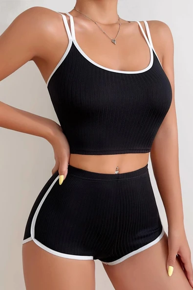 Kadın Siyah Beyaz Çapraz Lastik Detaylı Kaşkorse Şortlu Gecelik Takımı ürün görseli