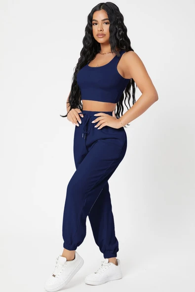 Kadın Lacivert Kaşkorse Cepli Jogger Eşofman Altı ve Crop Top Bluz - Resim 3