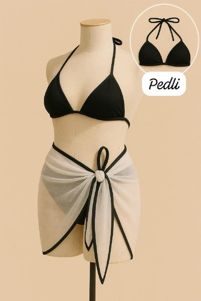 Kadın Siyah Beyaz Pareolu Yandan ve Boyundan Bağlamalı 3'lü Bikini Takımı - Resim 2