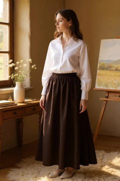 Kadın Kahverengi Double Kumaş Beli Lastikli Cepli Etek