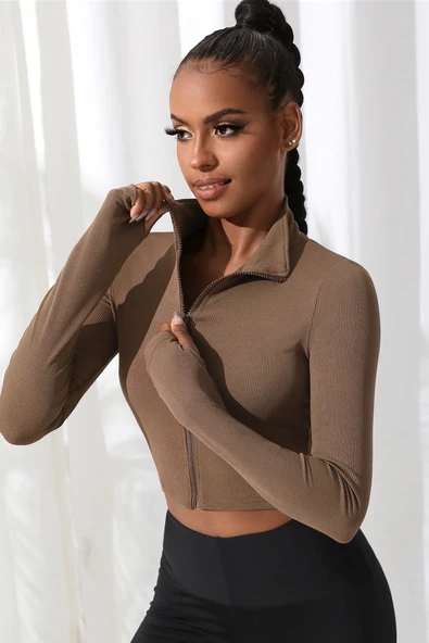 Kadın Kahverengi Uzun Kol Fermuarlı Parmak Geçme Detaylı Dik Yaka Crop Top Bluz - Resim 4